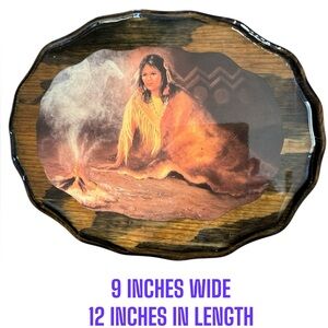 Vintage lacquered Native American Woman By Fire Smoke Horse And Rider Art Work